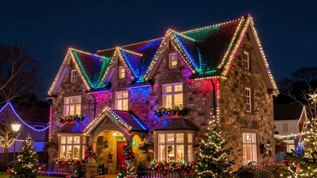 Christmas lights installation on a Swansea home.