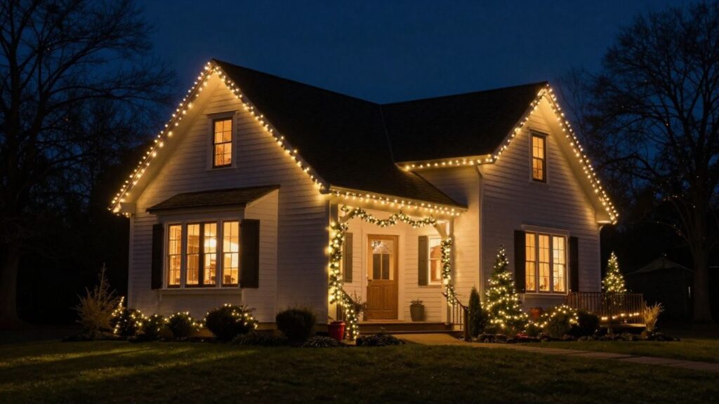 Shiloh home with permanent Christmas lights at night.