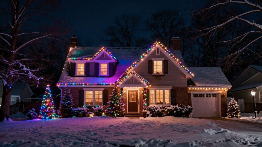 House decorated with colorful Christmas lights in Shiloh.