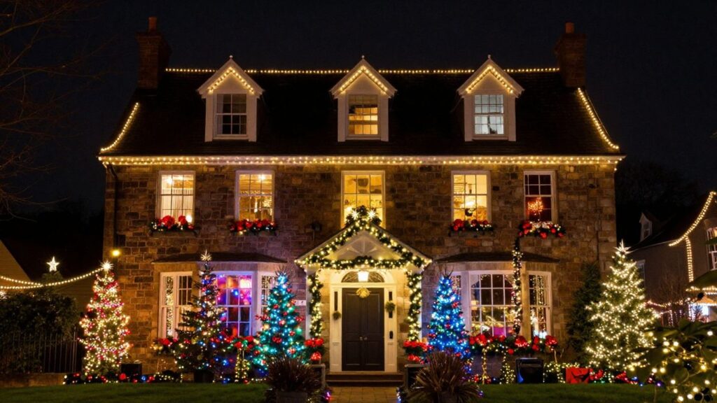 Christmas lights on a Swansea house at night.