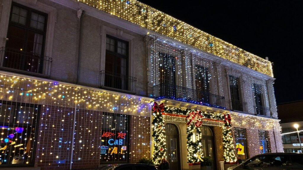Commercial Christmas lights decorating a building in Belleville.