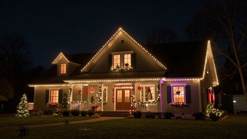 Professionally installed Christmas lights on a house in Shiloh.