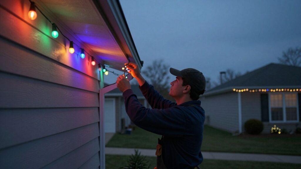 Professional Christmas lights installation on a house in Shiloh.