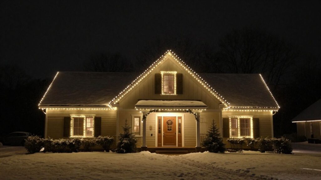 Shiloh house with permanent Christmas lights glowing.