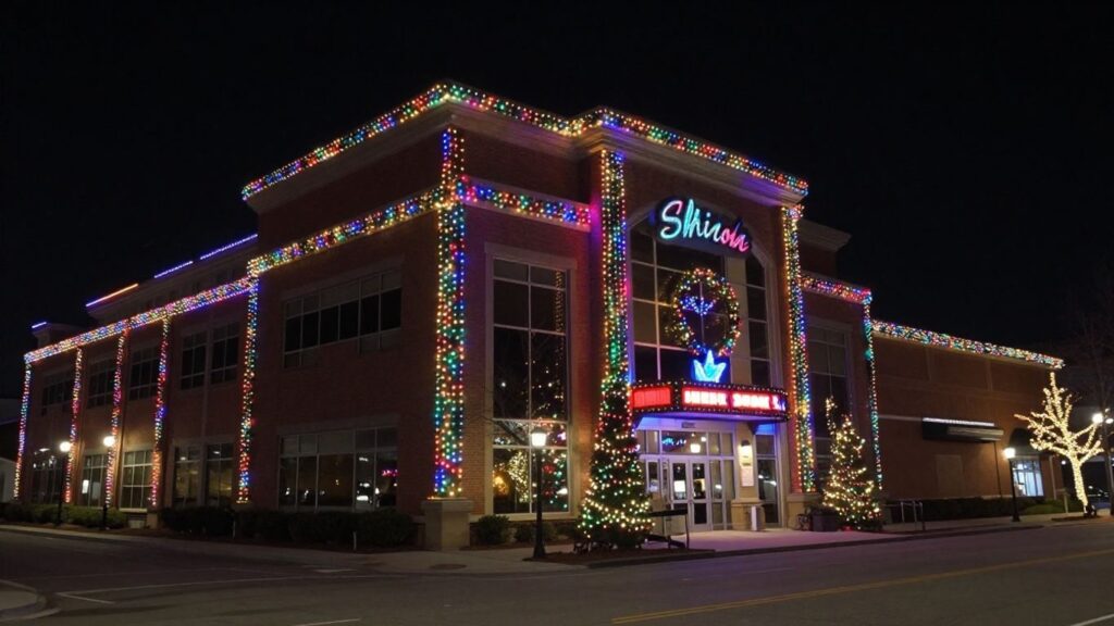 Shiloh business decorated with bright Christmas lights.