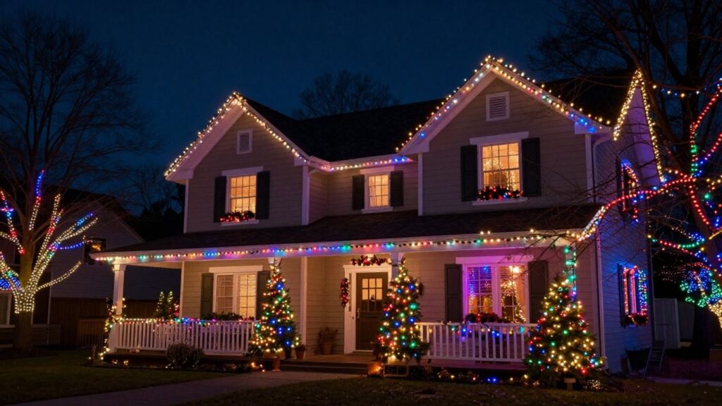 Shiloh house decorated with colorful Christmas lights at night.