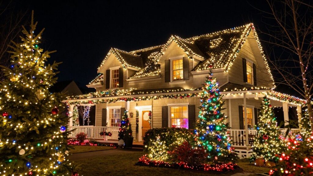 Belleville home decorated with bright Christmas lights.