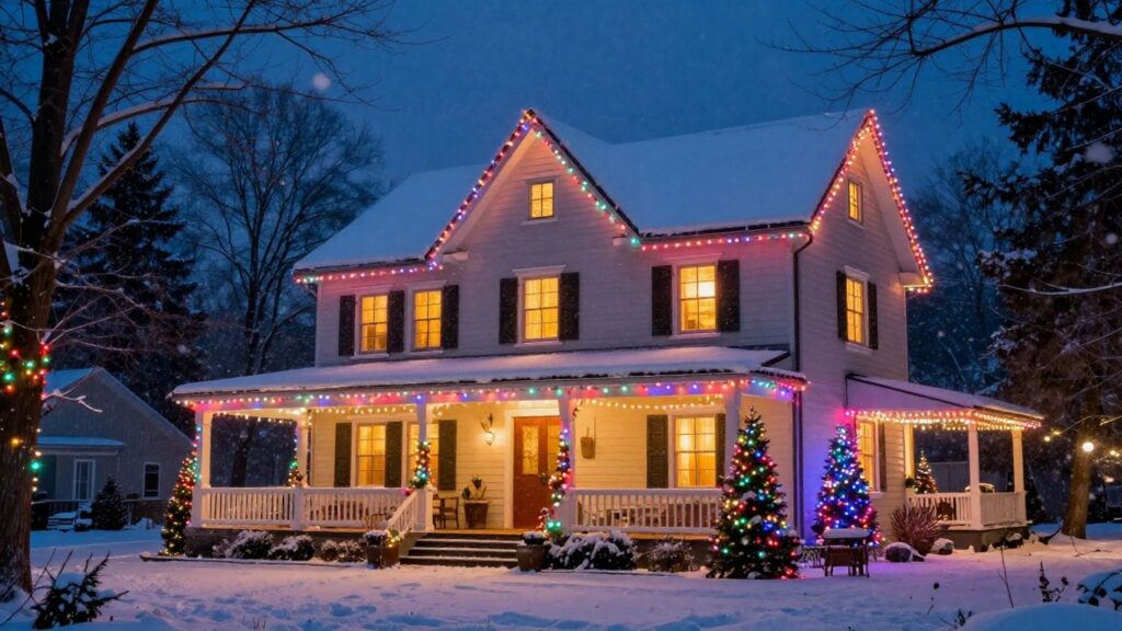 House decorated with Christmas lights at night.