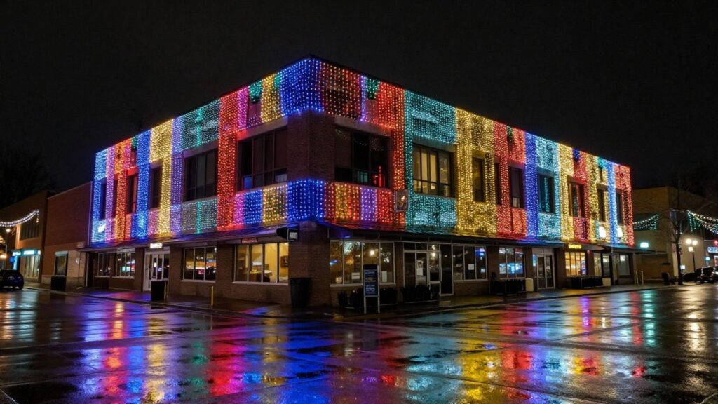 Commercial building with bright Christmas lights in Godfrey, IL.