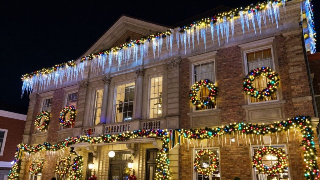 Festive Christmas lights on a commercial building in Belleville.