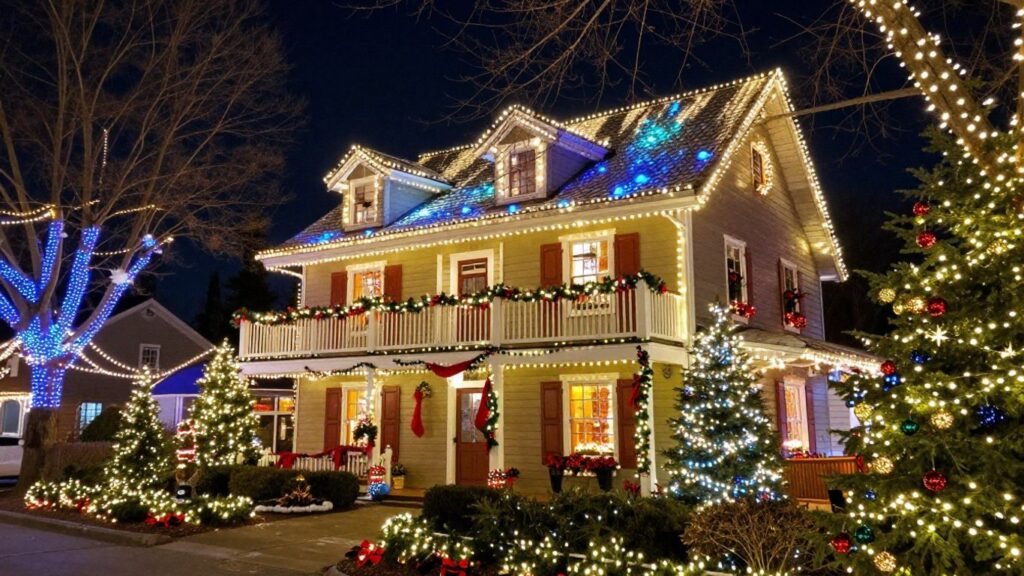 Godfrey house decorated with Christmas lights.