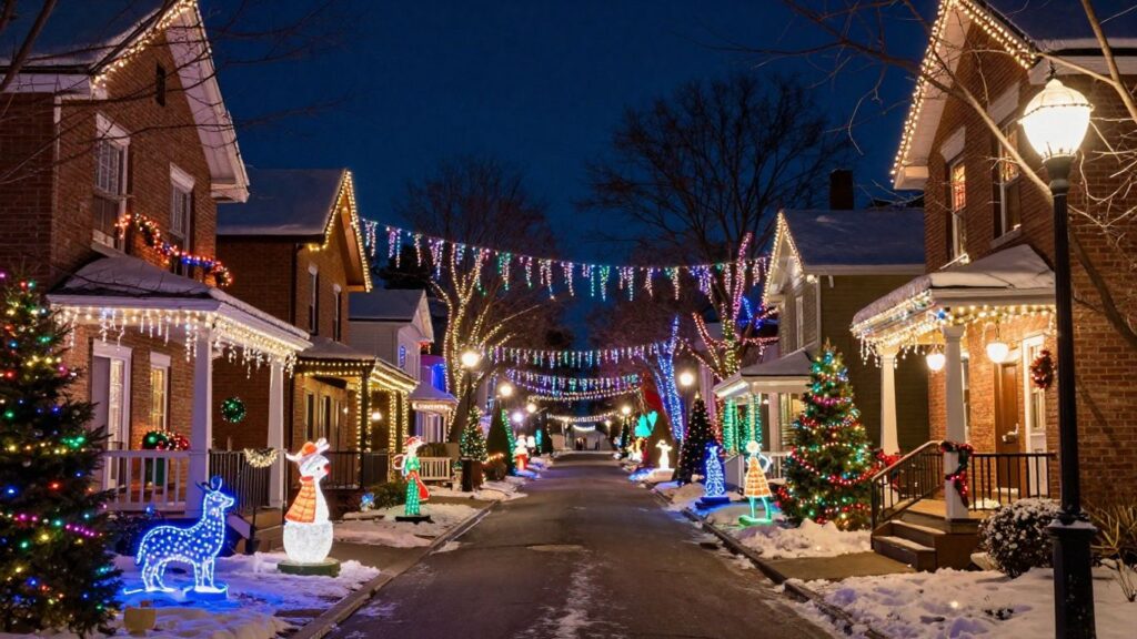 Belleville homes decorated with Christmas lights.