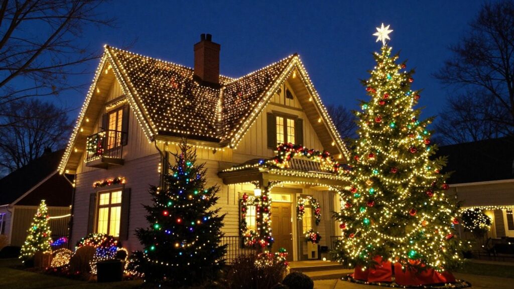 House decorated with Christmas lights
