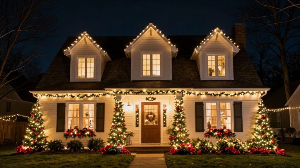 Festive home with permanent Christmas lights at night.