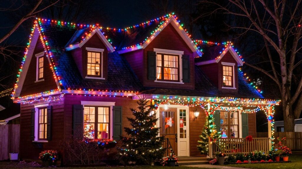 House decorated with commercial Christmas lights.