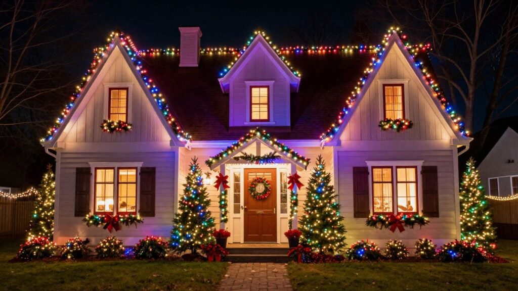 Belleville house decorated with Christmas lights.