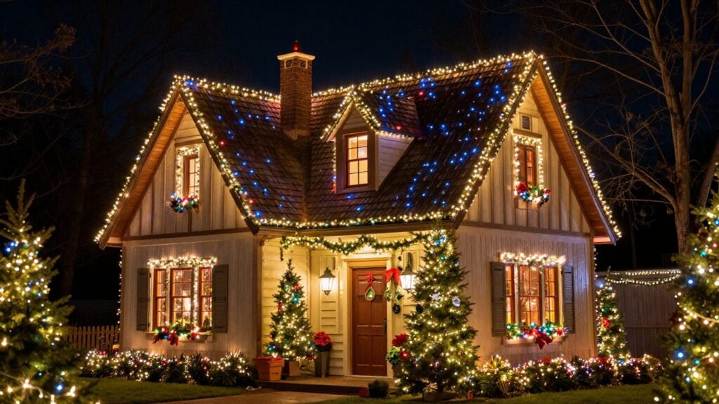 Professionally installed Christmas lights on a house at night.