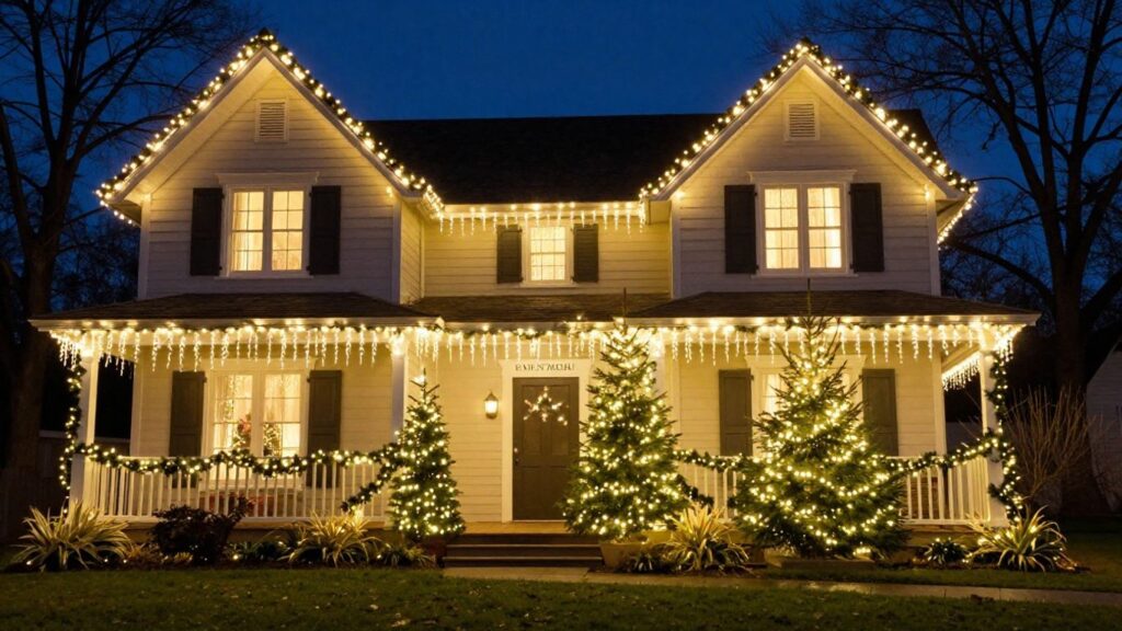 Professionally installed Christmas lights on a house.
