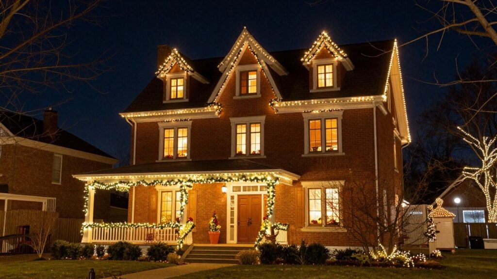 Belleville house with permanent Christmas lights at night.